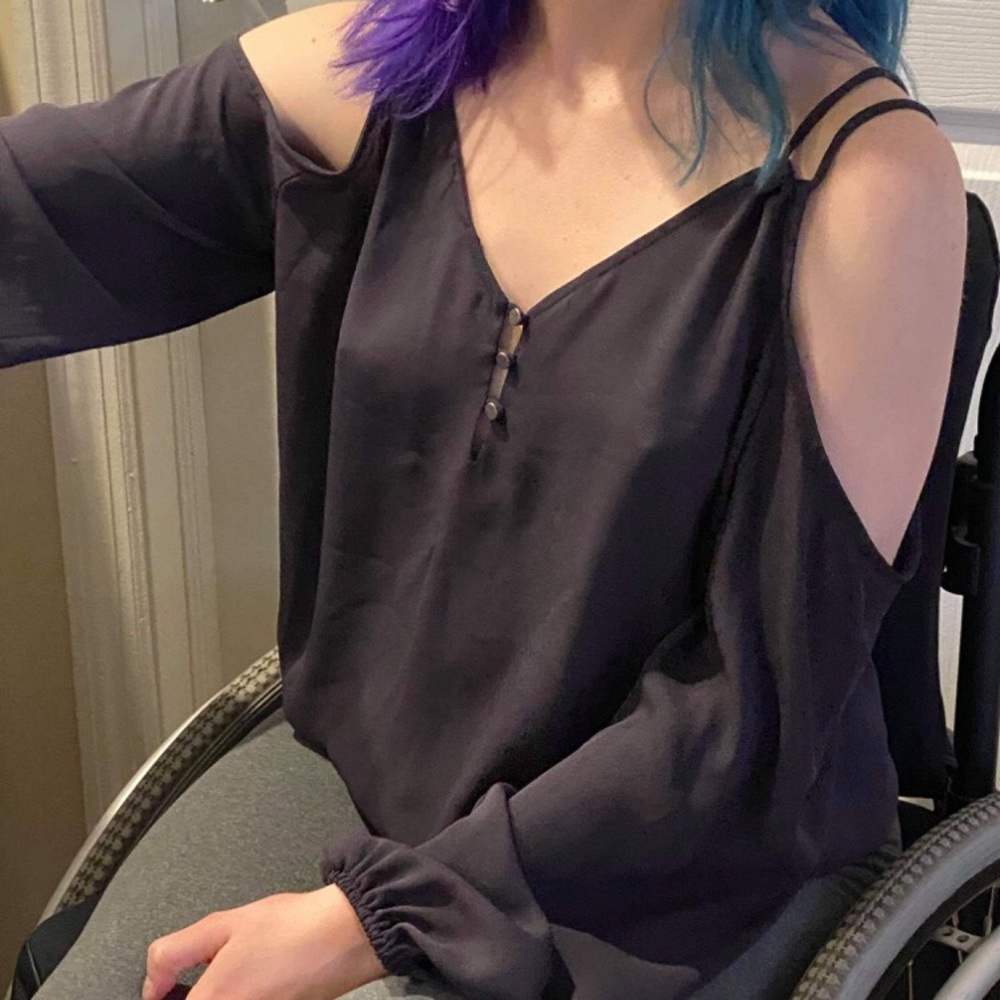 Navy blue, chiffon, open shoulder, blouse